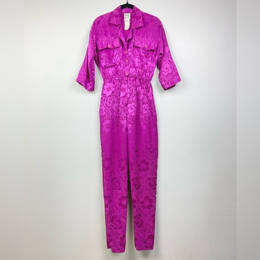 VTG 70s Sandy Sandy Women's Small Fuchsia Pink Collared Floral Satin Jumpsuit 80